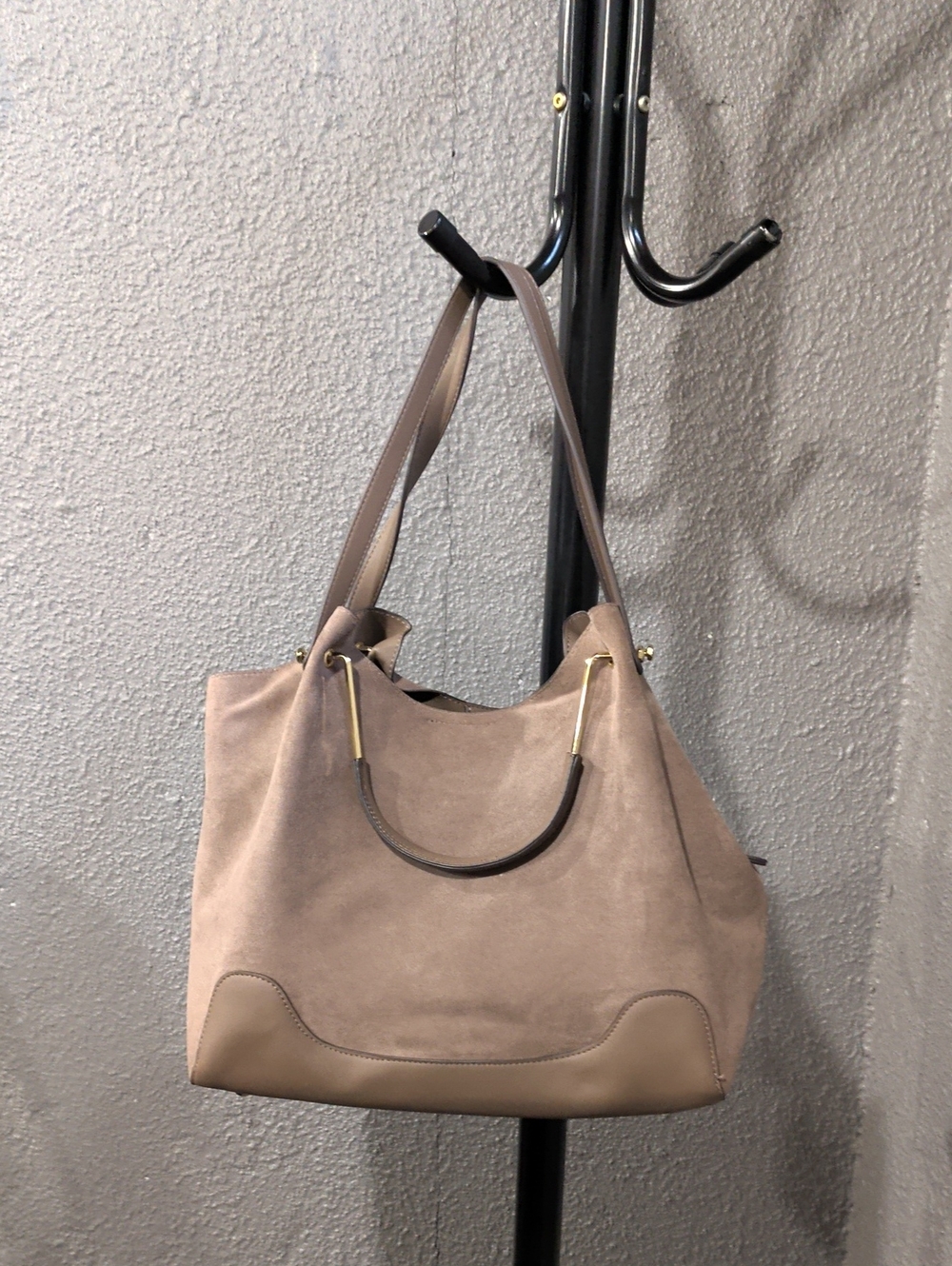 Sondra Roberts Taupe Suede Shoulder Tote with Gold Accents